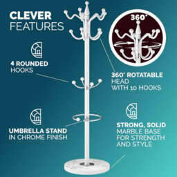 Casaria Elegant Curved Coat Rack Hat Stand With Black Marble Base Coat Stand And 14X Rotatable Coat Hangers, White, 175Cm Tall - thumbnail 5