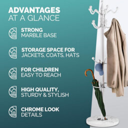 Casaria Elegant Curved Coat Rack Hat Stand With Black Marble Base Coat Stand And 14X Rotatable Coat Hangers, White, 175Cm Tall - thumbnail 7