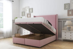 "Comfort Madrid Pink Plush Ottoman Bed Base With 54"" Wingback Headboard 4'6 Double" - thumbnail 2