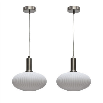 First Choice Lighting Set Of 2 Baton - White Ribbed Oval Glass Satin Nickel Deco Pendants - image 1