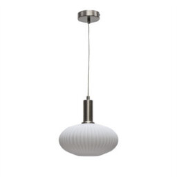 First Choice Lighting Set Of 2 Baton - White Ribbed Oval Glass Satin Nickel Deco Pendants - thumbnail 2