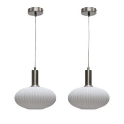 First Choice Lighting Set Of 2 Baton - White Ribbed Oval Glass Satin Nickel Deco Pendants - thumbnail 1