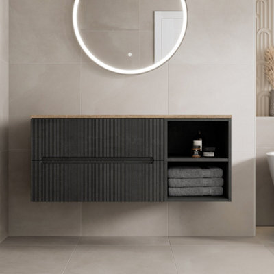 Affine 1200mm Bathroom Vanity Unit Oak Countertop Wall Hung Fluted Black Unit No Basin - image 1