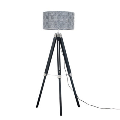Valuelights Clipper Black Wood And Silver Chrome Tripod Floor Lamp With Grey Felt Weave Light Shade - image 1