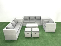 Fimous Wicker Pe Rattan Sofa Garden Furniture Set Armchair Oblong Coffee Table 2 Small Stools 2 Side Tables Light Grey - thumbnail 1