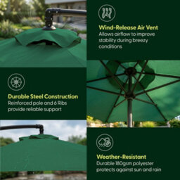 Keplin 3M 6 Ribs Cantilever Garden Parasol Umbrella With Crank Handle & Cover, Uv Resistant, Water-Repellent Polyester, Green - thumbnail 5