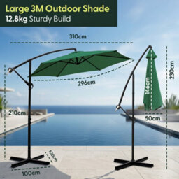 Keplin 3M 6 Ribs Cantilever Garden Parasol Umbrella With Crank Handle & Cover, Uv Resistant, Water-Repellent Polyester, Green - thumbnail 8