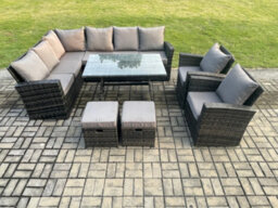 Fimous High Back Outdoor Garden Furniture Set Rattan Corner Sofa Dining Table Set With Armchairs Left Corner - thumbnail 1