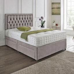Dining Tables Lisbon Matching Headboard Divan Set, 2 Drawer On Same Side With Sprung 1500 Comfort Mattress - Chenille Grey - Double - thumbnail 1
