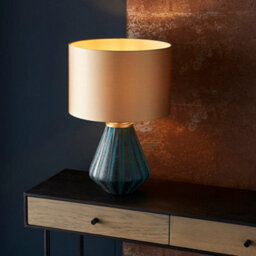 2 Pack Turqoise Glass Base Table Lamp Light & Gold Fabric Shade - Black Detail - thumbnail 4