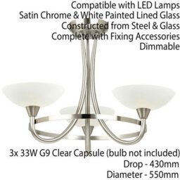 Semi Flush Ceiling Light Satin Chrome & White 3 Bulb Hanging Pendant Lamp Shade - thumbnail 2