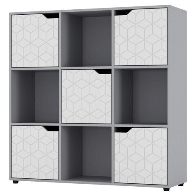 Urbn-Living Urbnliving 91Cm Height 9 Cubes Grey Wooden Bookcase Display Shelf Storage Cabinet With Modern Geo White Door - image 1