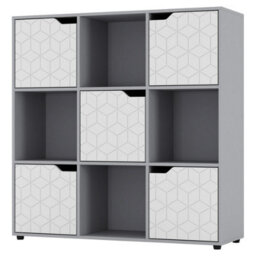 Urbn-Living Urbnliving 91Cm Height 9 Cubes Grey Wooden Bookcase Display Shelf Storage Cabinet With Modern Geo White Door - thumbnail 1