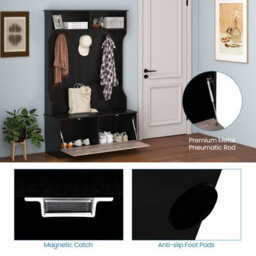 Costway 3-In-1 Freestanding Hall Coat Rack Stand Shoe Bench With 5 Hooks & Cabinet - thumbnail 8