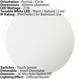 600mm Round Ip44 Led Bathroom Mirror With Demister And Adjustable Brightness - thumbnail 3