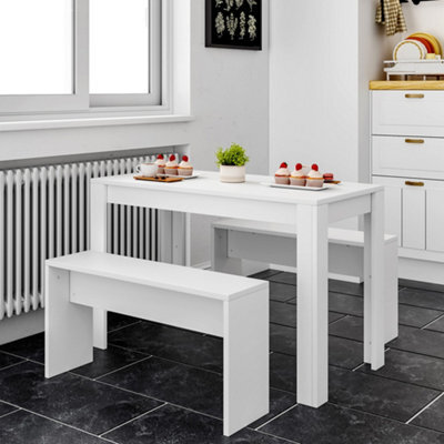 Living And Home Dining Table And Chairs Set Of 3 White Modern Dining Table And Benches Dining Set - image 1