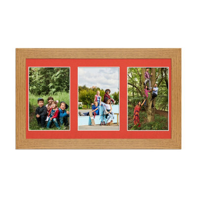 AK Frames 40X20Cm Oak Modern Multi Photo Frame With Poppy Red Mount - Holds 3 Apertures (3X) 6X4 Photos - image 1
