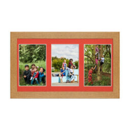 AK Frames 40X20Cm Oak Modern Multi Photo Frame With Poppy Red Mount - Holds 3 Apertures (3X) 6X4 Photos