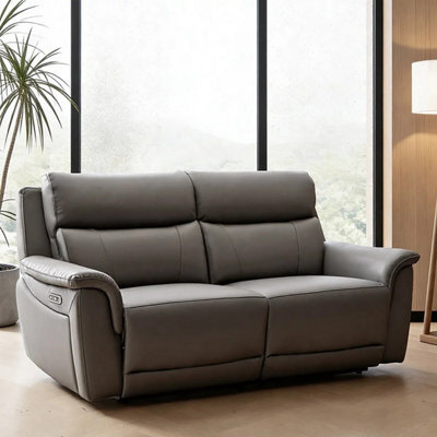 Xample Oscar Grey Leather Power Reclining Large 2 Seater Sofa With Power Headrests, Usb & Usb-C Charging, High Back Support - image 1