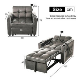 Btm 3 In 1 Expandable Single Sofa Bed With Cup Holders Phone Holder Recliner Sleeper Chair Armchair For Small Spaces - thumbnail 6