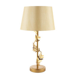 Happy Homewares Modern Satin Gold Table Lamp With Twisting Floral Decor And Linen Fabric Shade