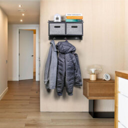 Taylor & Brown Wall Mounted 3 Hook Coat Rack With Shelf & 2 Fabric Baskets, Modern Hallway Organiser, W60Xd20Xh34Cm (Black) - thumbnail 4