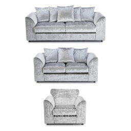 Furnishings For Less UK Crystal Crushed Velvet 3 Piece Sofa Set - 3 2 1  Silver - Scatter Back