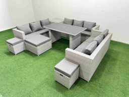 Fimous Patio Outdoor Garden Furniture Sets With Black Glass Top Dining Table 3 Seater Sofa Side Table 3 Stool Light Grey - thumbnail 2