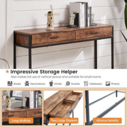 Thehotsale Brown 120 X 30 X 81Cm Slim Console Table With Metal Frame 2 Drawers And Glass Shelf - thumbnail 5