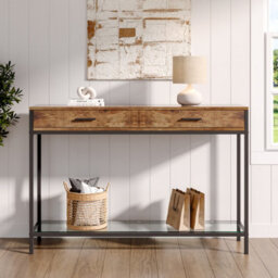 Thehotsale Brown 120 X 30 X 81Cm Slim Console Table With Metal Frame 2 Drawers And Glass Shelf - thumbnail 1