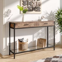 Thehotsale Brown 120 X 30 X 81Cm Slim Console Table With Metal Frame 2 Drawers And Glass Shelf - thumbnail 2