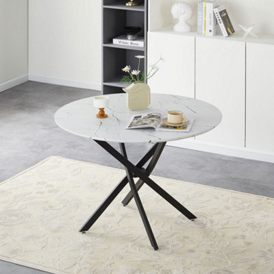 White Round Dining Table Marble Effect Top Metal Legs Kitchen Table - image 1