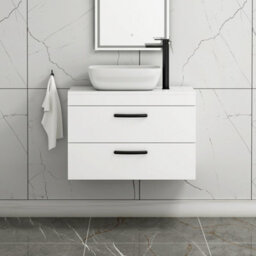 Royal Bathrooms 800mm Wall Hung Vanity Unit 2 Drawer Gloss White & Elva Countertop Basin With Matt Black Handle - thumbnail 1