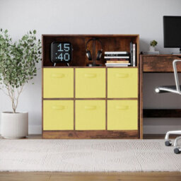 Urbn-Living Urbnliving 94Cm Height 7 Cubed Rustic Brown Wooden Cupboard Bookcase Storage Units Shelves With Yellow 6 Drawers - thumbnail 1