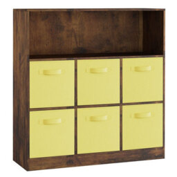 Urbn-Living Urbnliving 94Cm Height 7 Cubed Rustic Brown Wooden Cupboard Bookcase Storage Units Shelves With Yellow 6 Drawers - thumbnail 3