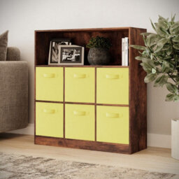 Urbn-Living Urbnliving 94Cm Height 7 Cubed Rustic Brown Wooden Cupboard Bookcase Storage Units Shelves With Yellow 6 Drawers - thumbnail 2