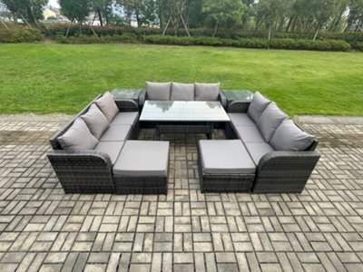 Fimous Wicker Pe Rattan Sofa Outdoor Garden Furniture Set With Rectangular Dining Table 2 Big Footstool 2 Side Tables - image 1