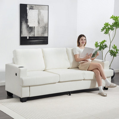 Homcom 3 Seater Sofa, Fabric Sofa With Usb Ports And Cup Holders, Cream - image 1