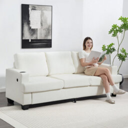 Homcom 3 Seater Sofa, Fabric Sofa With Usb Ports And Cup Holders, Cream - thumbnail 1