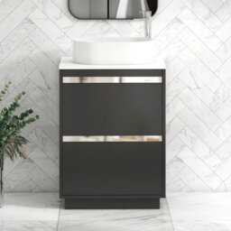 Royal Bathrooms Orion 600mm Matt Obsidian Black Floor Standing Plain White Countertop Vanity Unit 2 Drawer With Peak Basin & Chrome Accent Trim - thumbnail 1