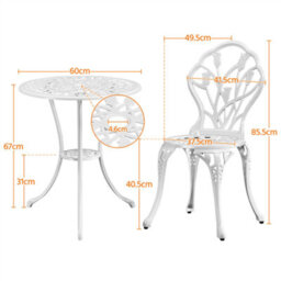 Yaheetech White 3 Piece Patio Bistro Set, 2 Seater Metal Garden Table & Chairs Bistro Coffee Table Set, Balcony Outdoor - thumbnail 3