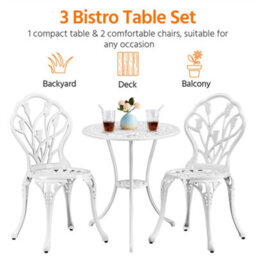 Yaheetech White 3 Piece Patio Bistro Set, 2 Seater Metal Garden Table & Chairs Bistro Coffee Table Set, Balcony Outdoor - thumbnail 7
