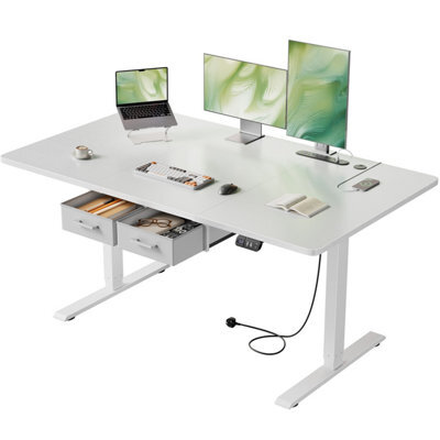 Electric Standing Desk With Power Outlets, 140 X 80 Cm Sit Stand Desk With 2 Drawers, Usb Ports, Height Adjustable, White - image 1