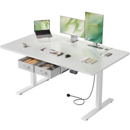 Electric Standing Desk With Power Outlets, 140 X 80 Cm Sit Stand Desk With 2 Drawers, Usb Ports, Height Adjustable, White - thumbnail 1
