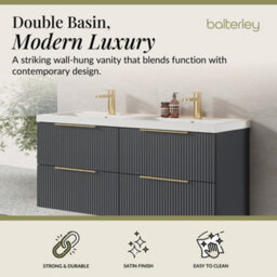 Balterley Fluted Front Wall Hung 4-Drawer Bathroom Vanity Unit With Double Basin, 1200mm, Satin Dark Grey, Brushed Brass Handles - thumbnail 2