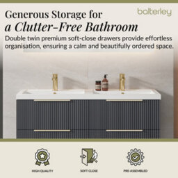 Balterley Fluted Front Wall Hung 4-Drawer Bathroom Vanity Unit With Double Basin, 1200mm, Satin Dark Grey, Brushed Brass Handles - thumbnail 3