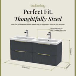 Balterley Fluted Front Wall Hung 4-Drawer Bathroom Vanity Unit With Double Basin, 1200mm, Satin Dark Grey, Brushed Brass Handles - thumbnail 5