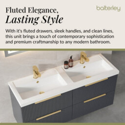 Balterley Fluted Front Wall Hung 4-Drawer Bathroom Vanity Unit With Double Basin, 1200mm, Satin Dark Grey, Brushed Brass Handles - thumbnail 4