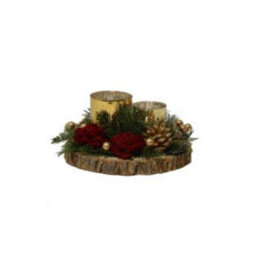 Christmas Tea Light Candle Holder - Two Gold Holders With Red Roses & Pine Cones