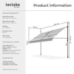 Tectake Awning With Hand Crank - Pressure Fitted , Height Adjustable 350 X 180 Cm - Light Grey - thumbnail 6